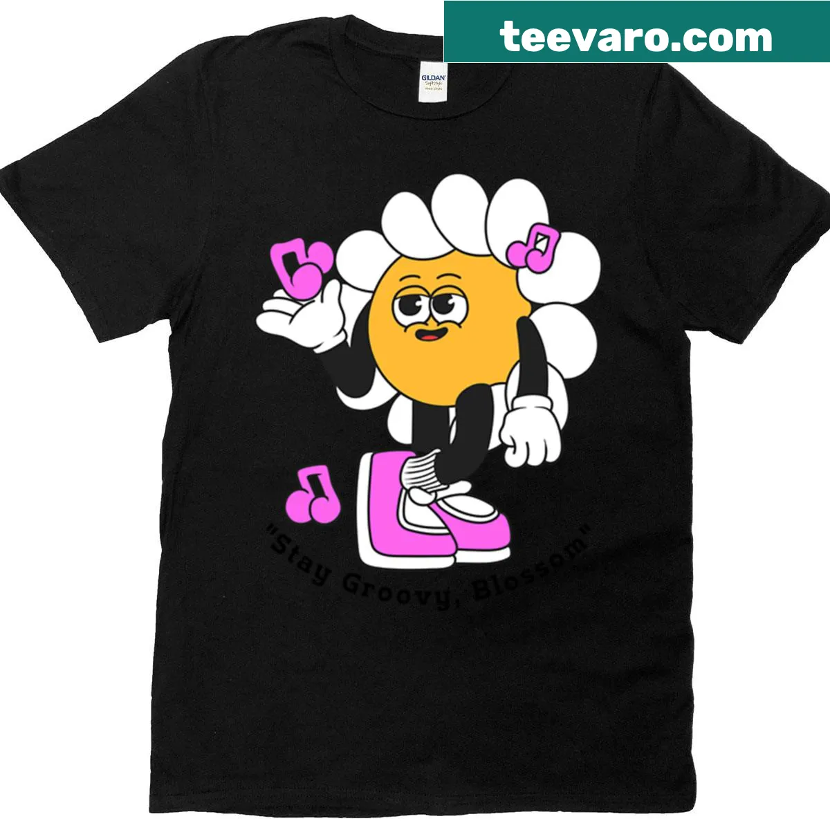 Cartoon dancing flower graphic on a cheerful t-shirt — on a men's t-shirt