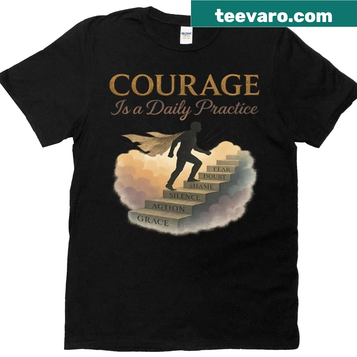 Motivational t-shirt with the phrase Step By Step The Climb Of Courage — on a men's t-shirt