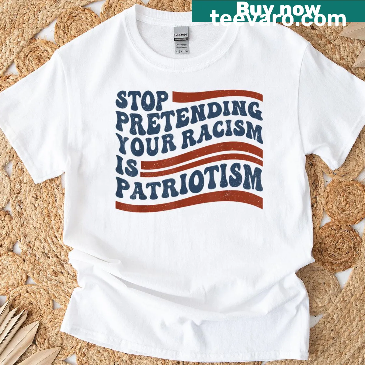 T-shirt with US flag and text challenging racism and patriotism — on a men's t-shirt