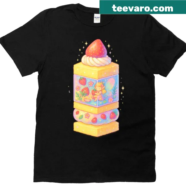 Whimsical t-shirt featuring a strawberry fairy cake design