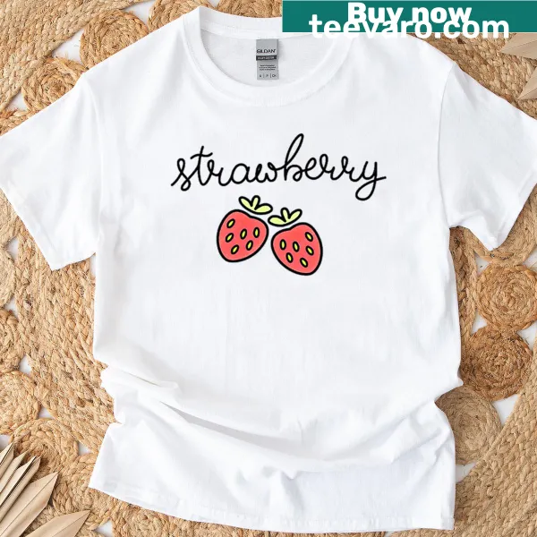 T-shirt featuring a cute cartoon strawberry illustration