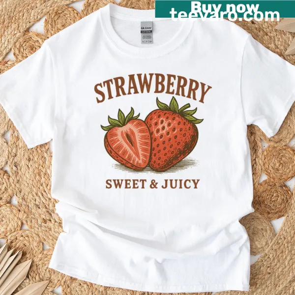 Illustrated juicy strawberries graphic t-shirt.