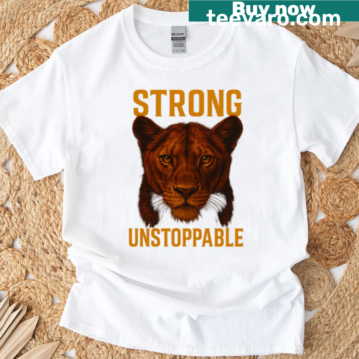 Illustration of a lioness with empowering text for women on a tee — on a men's t-shirt