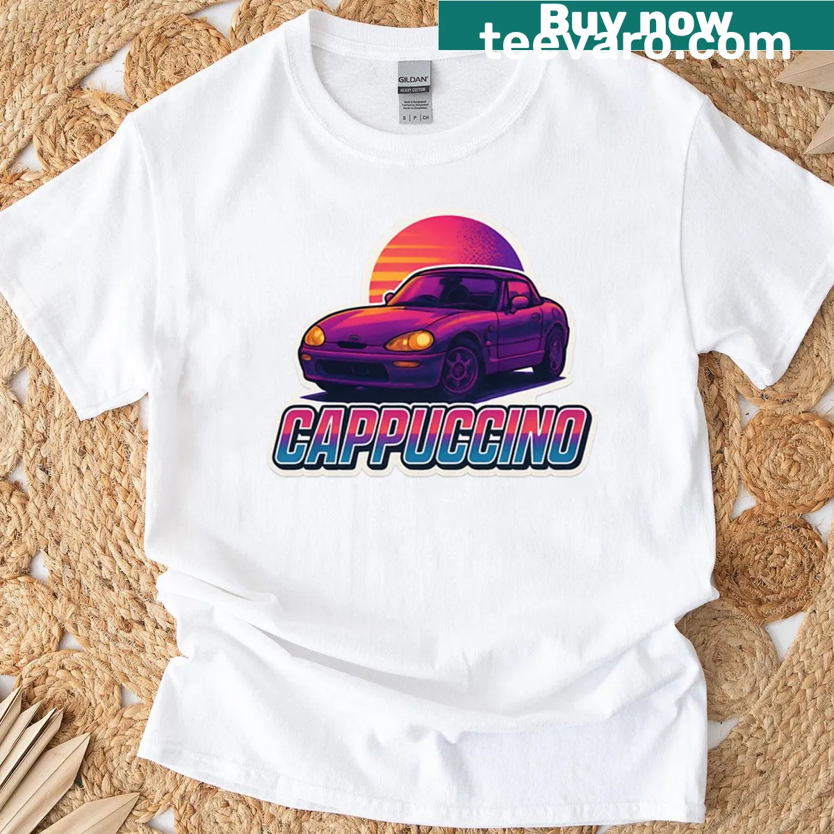 Retro Suzuki Cappuccino t-shirt with kei car art — on a men's t-shirt