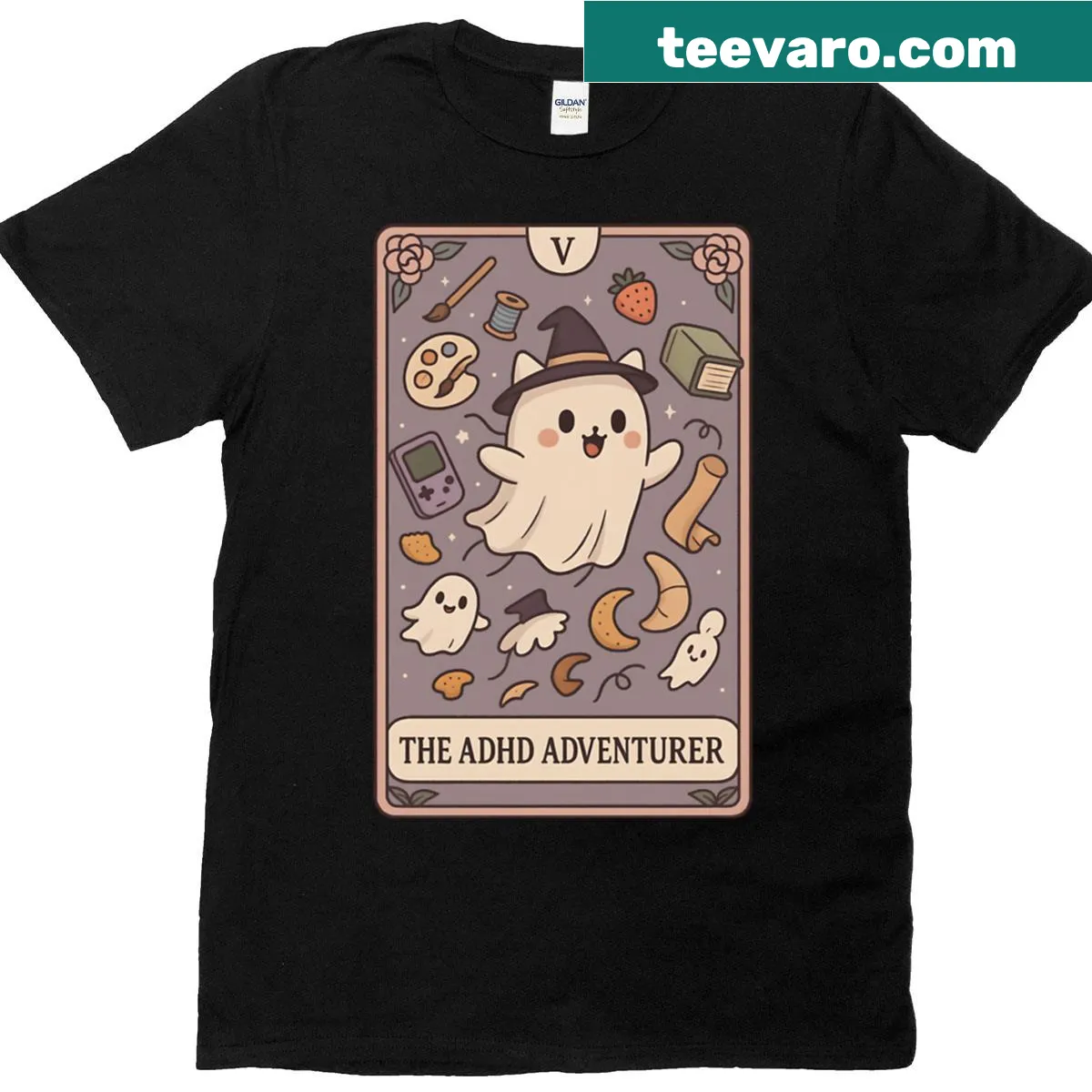Cute ghost tarot card design T-shirt featuring an adventurous theme. — on a men's t-shirt