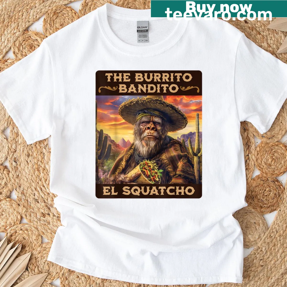 Burrito Bandito graphic with Bigfoot illustration T-shirt — on a men's t-shirt