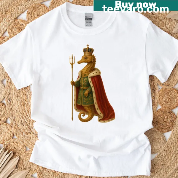 Regal seahorse illustration on a T-shirt, celebrating marine beauty