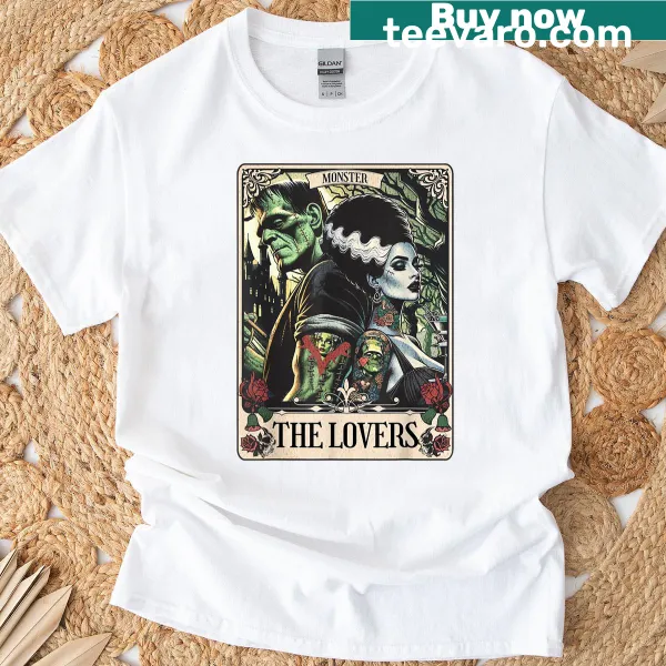 Frankenstein and Bride illustrated as tarot lovers on a t-shirt