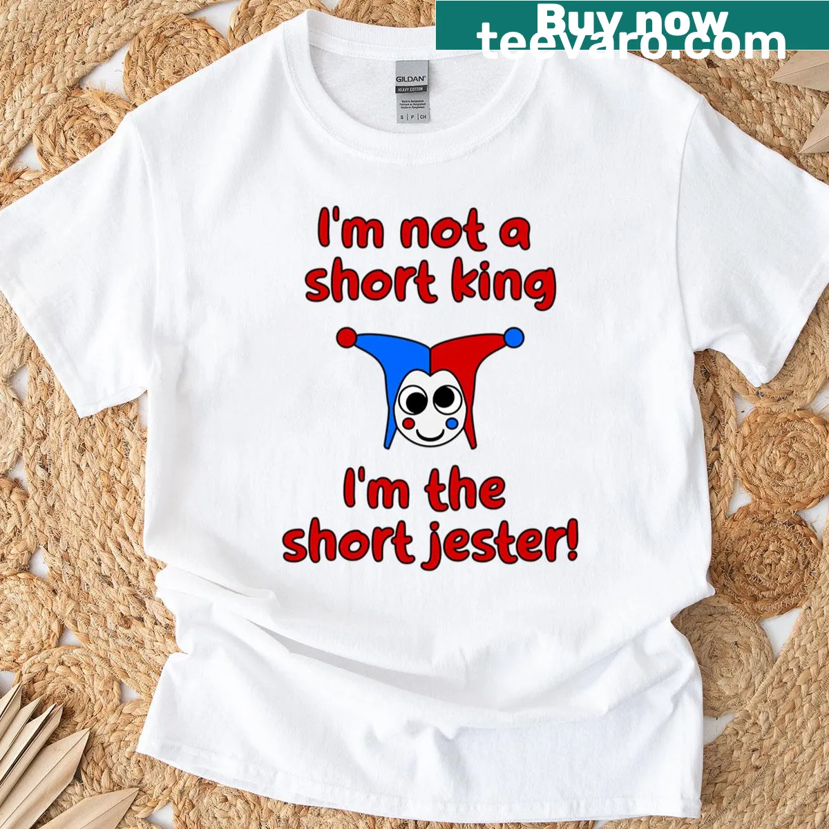 Illustration of a short jester character in red and blue — on a men's t-shirt