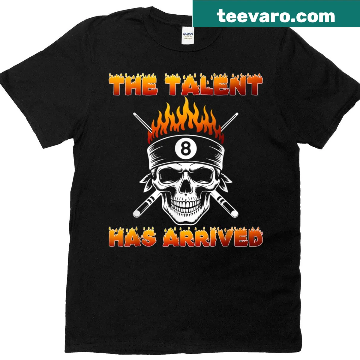 Billiards-themed T-shirt with a skull and 'The Talent Has Arrived' text. — on a men's t-shirt