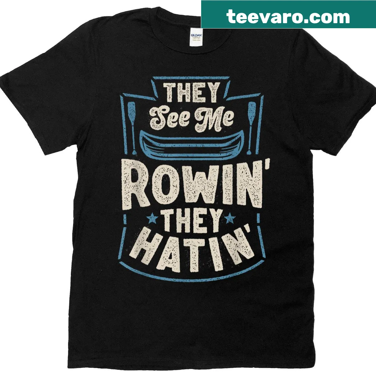 Playful rowing crew t-shirt with humorous text — on a men's t-shirt