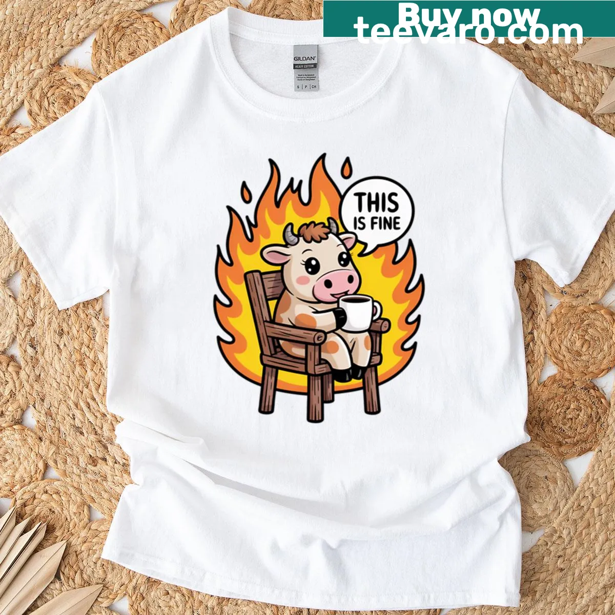 Cartoon cow graphic with 'This Is Fine' text in an oversized T-shirt — on a men's t-shirt