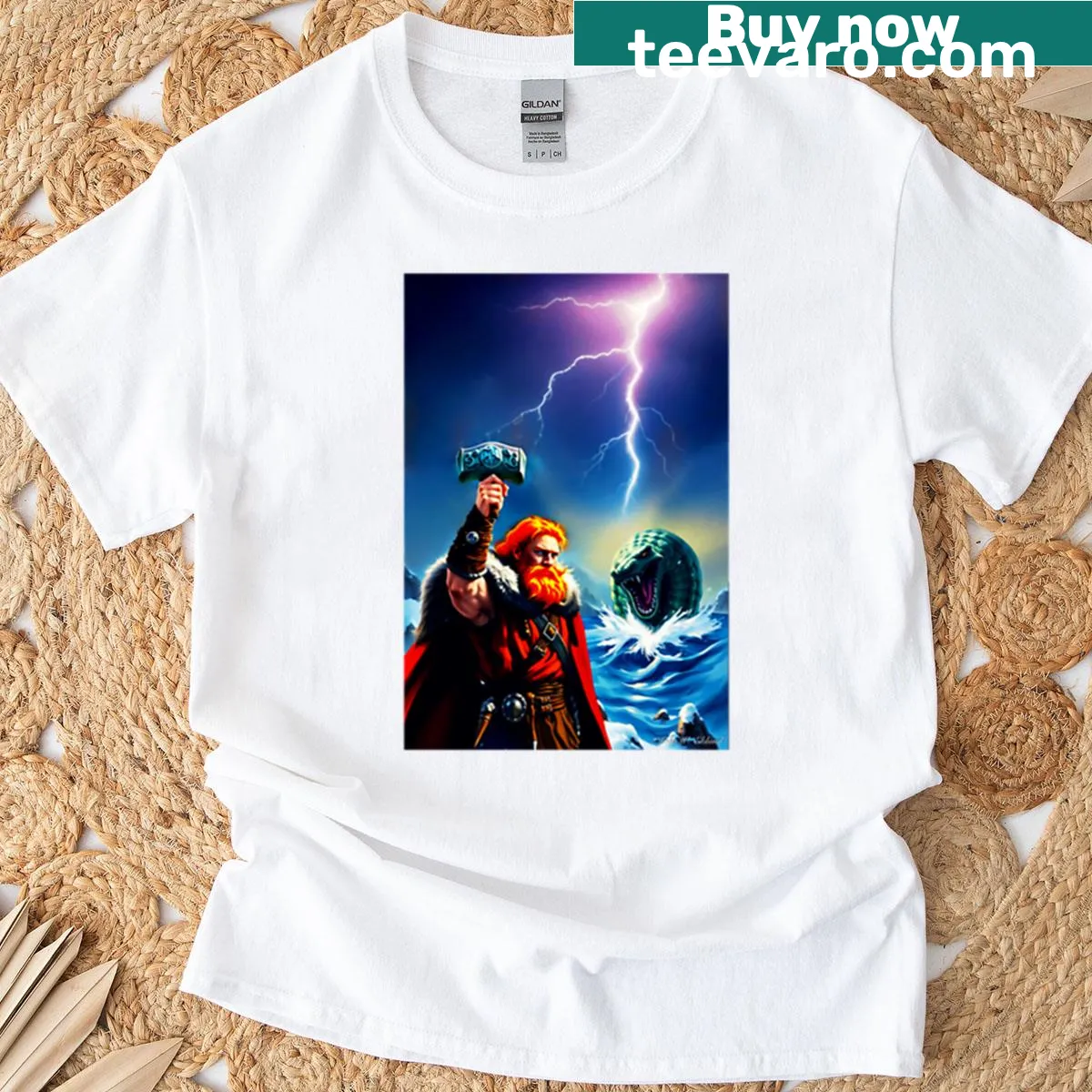 Thor T-shirt with graphic of the god wielding Mjölnir. — on a men's t-shirt