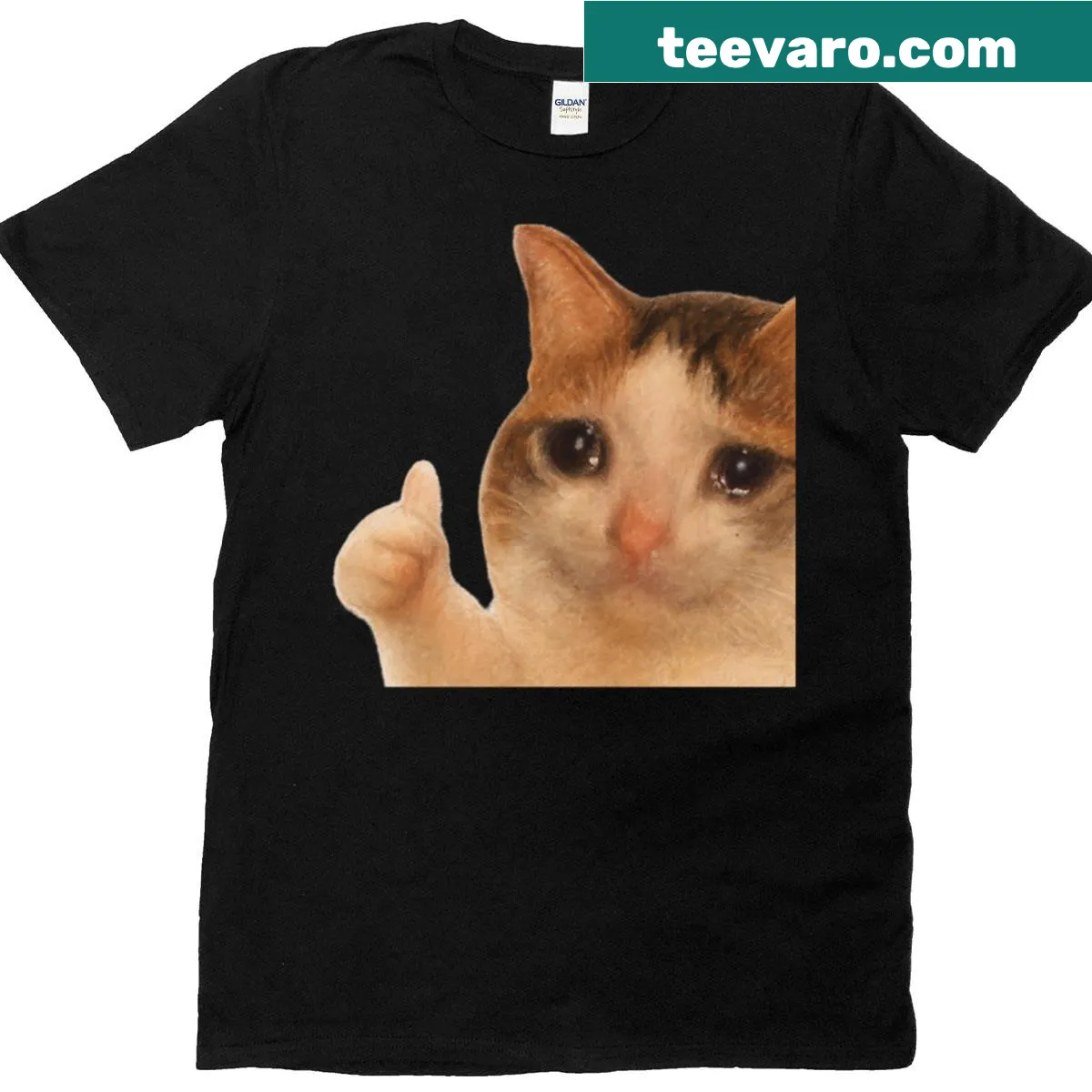 Funny cat meme t-shirt featuring a thumbs-up cat — on a men's t-shirt