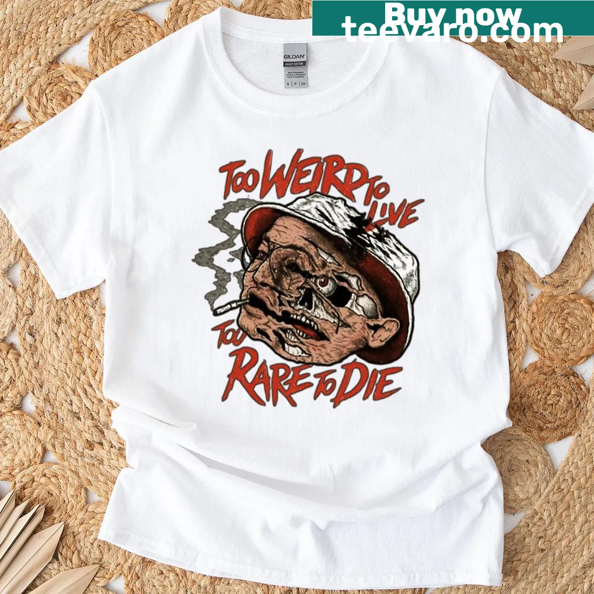 T-shirt with the phrase 'Too Weird To Live' in playful typography. — on a men's t-shirt