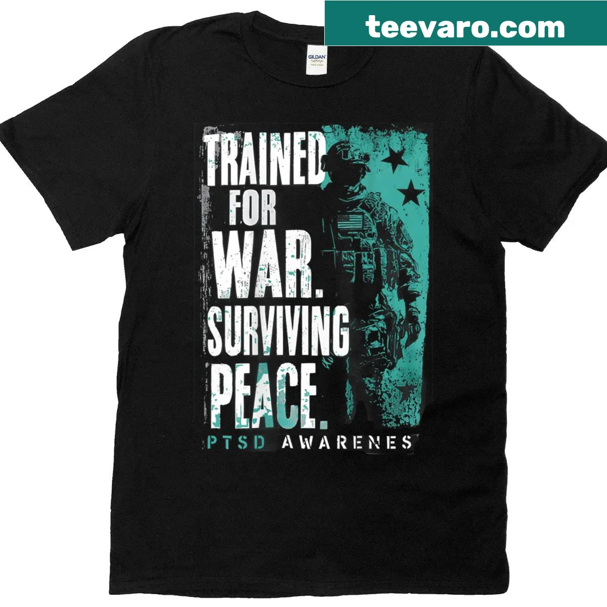 Inspirational PTSD awareness t-shirt with bold text on the back — on a men's t-shirt