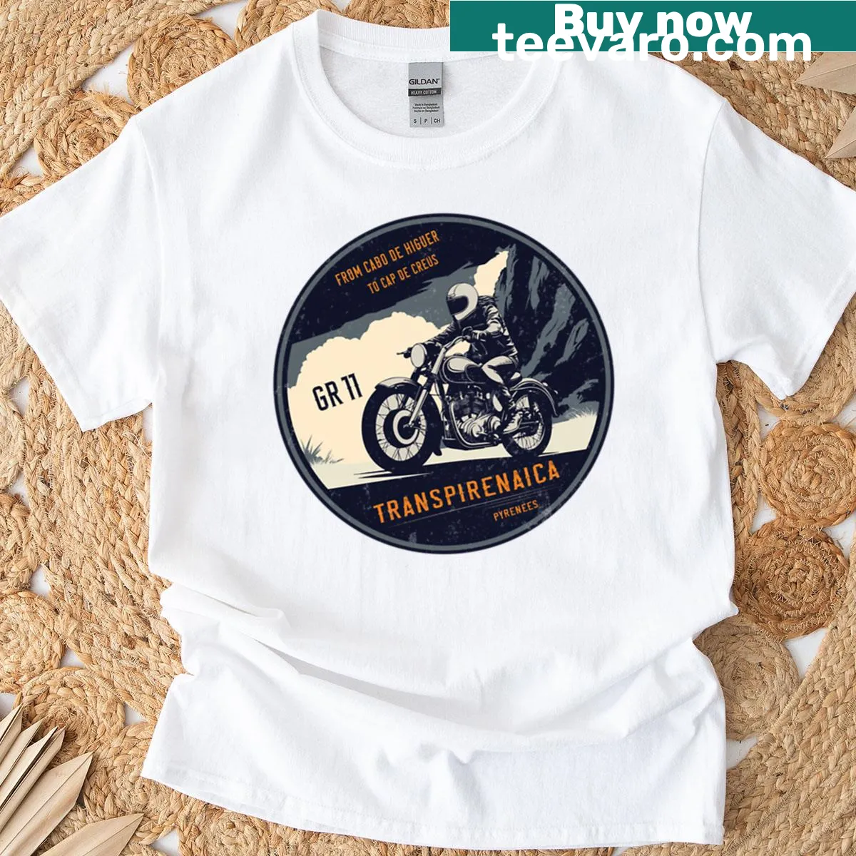 Graphic t-shirt showcasing the Transpirenaica GR11 Pyrenees hiking route — on a men's t-shirt