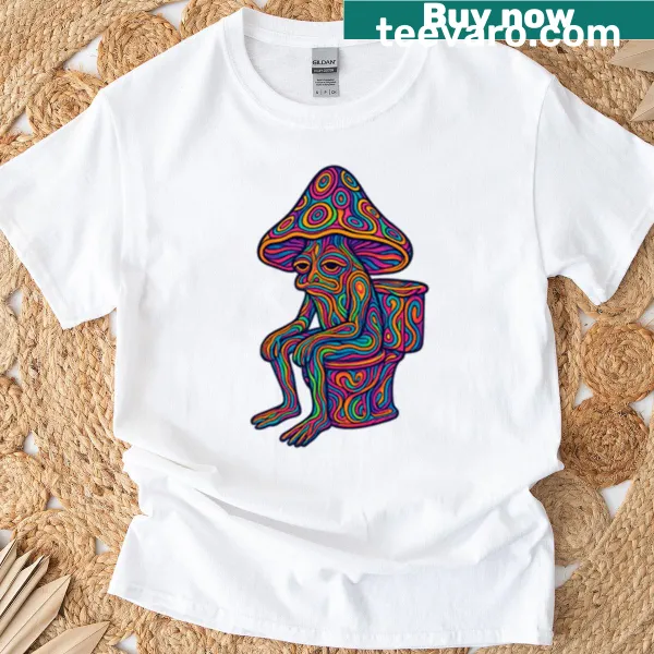 Cartoon T-shirt featuring a frog on a toilet surrounded by mushrooms, with psychedelic art