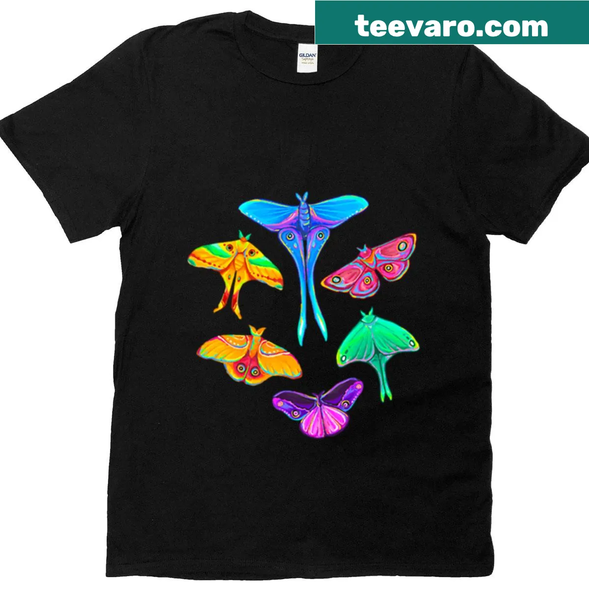 Nature-themed T-shirt featuring playful illustrations of tropical butterflies. — on a men's t-shirt
