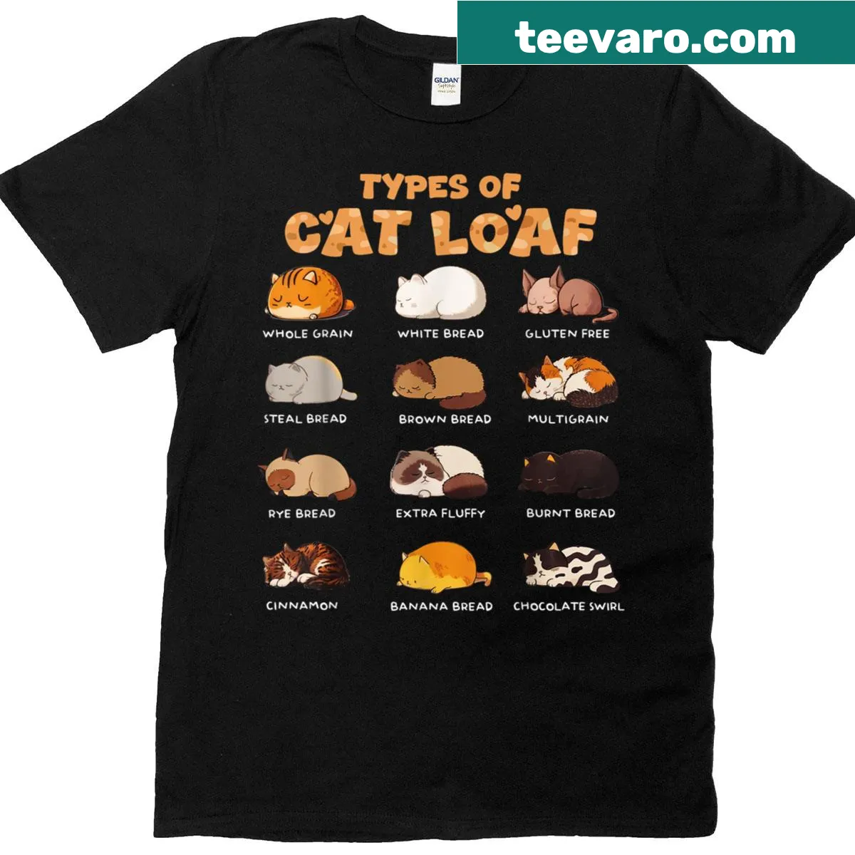 Funny T-shirt featuring different types of cat loafs — on a men's t-shirt