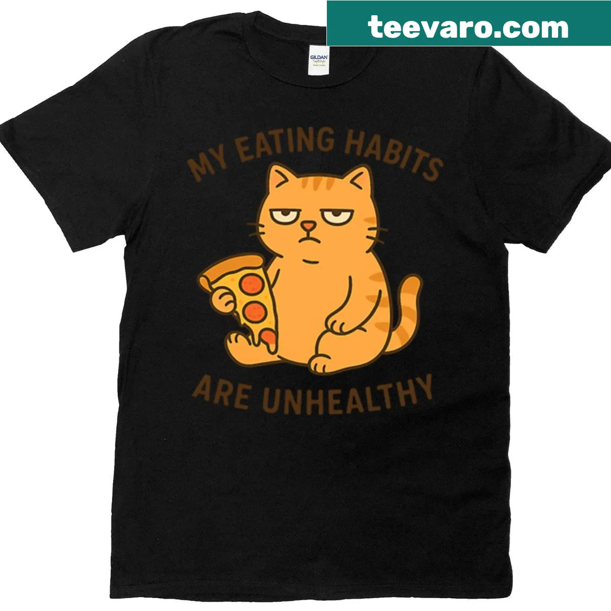 Cartoon cat with pizza slices on a humorous T-shirt — on a men's t-shirt