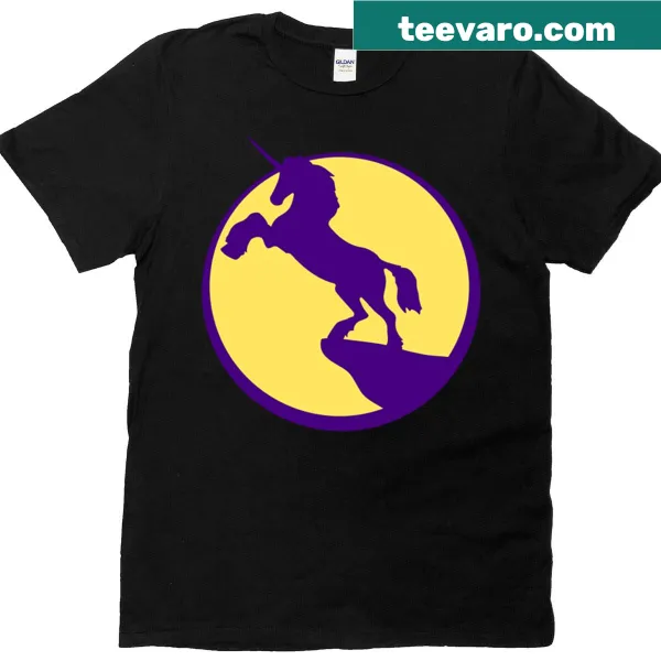 A whimsical unicorn logo T-shirt featuring a mountain and moon design