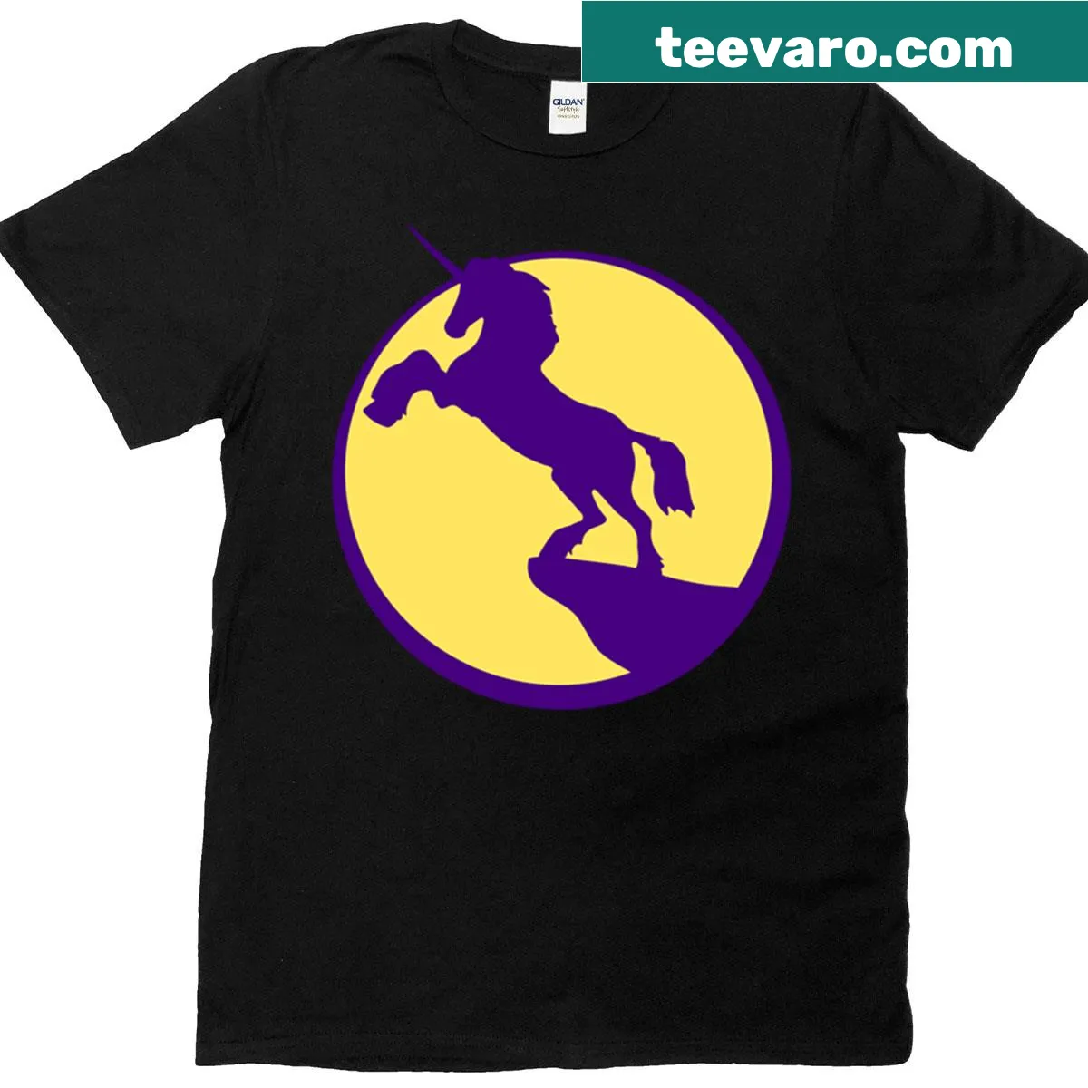 A whimsical unicorn logo T-shirt featuring a mountain and moon design — on a men's t-shirt