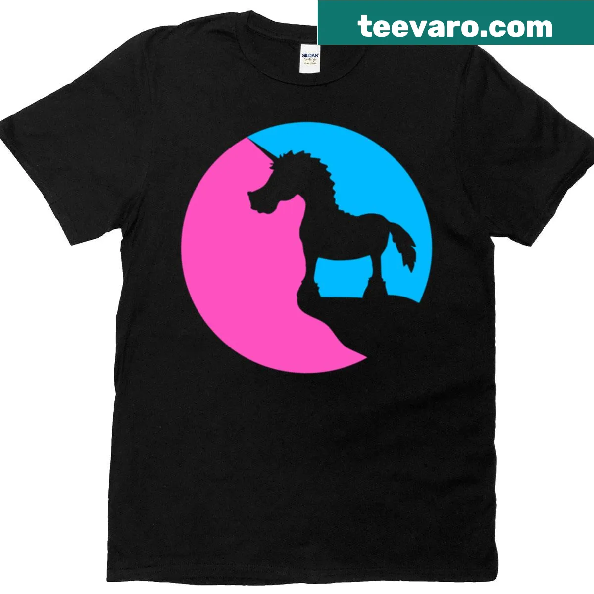 Unicorn on a cliff with moon and mountain design — on a men's t-shirt