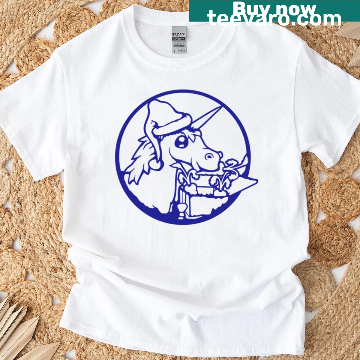 Whimsical unicorn wearing a Santa hat and eating carrots — on a men's t-shirt