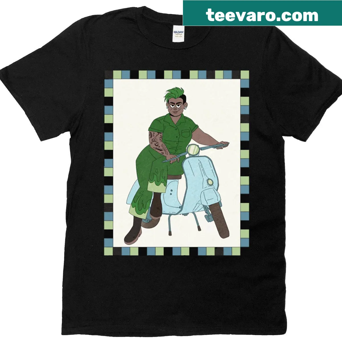 Retro-inspired T-shirt featuring a stylish illustration of a Vespa scooter. — on a men's t-shirt