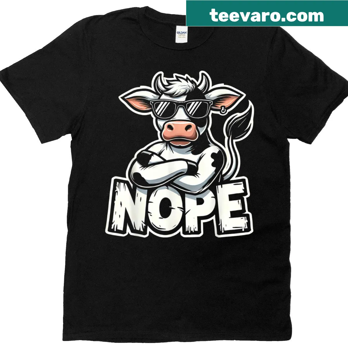 Cute cartoon cow design with 'Nope' text on a vintage-style T-shirt — on a men's t-shirt
