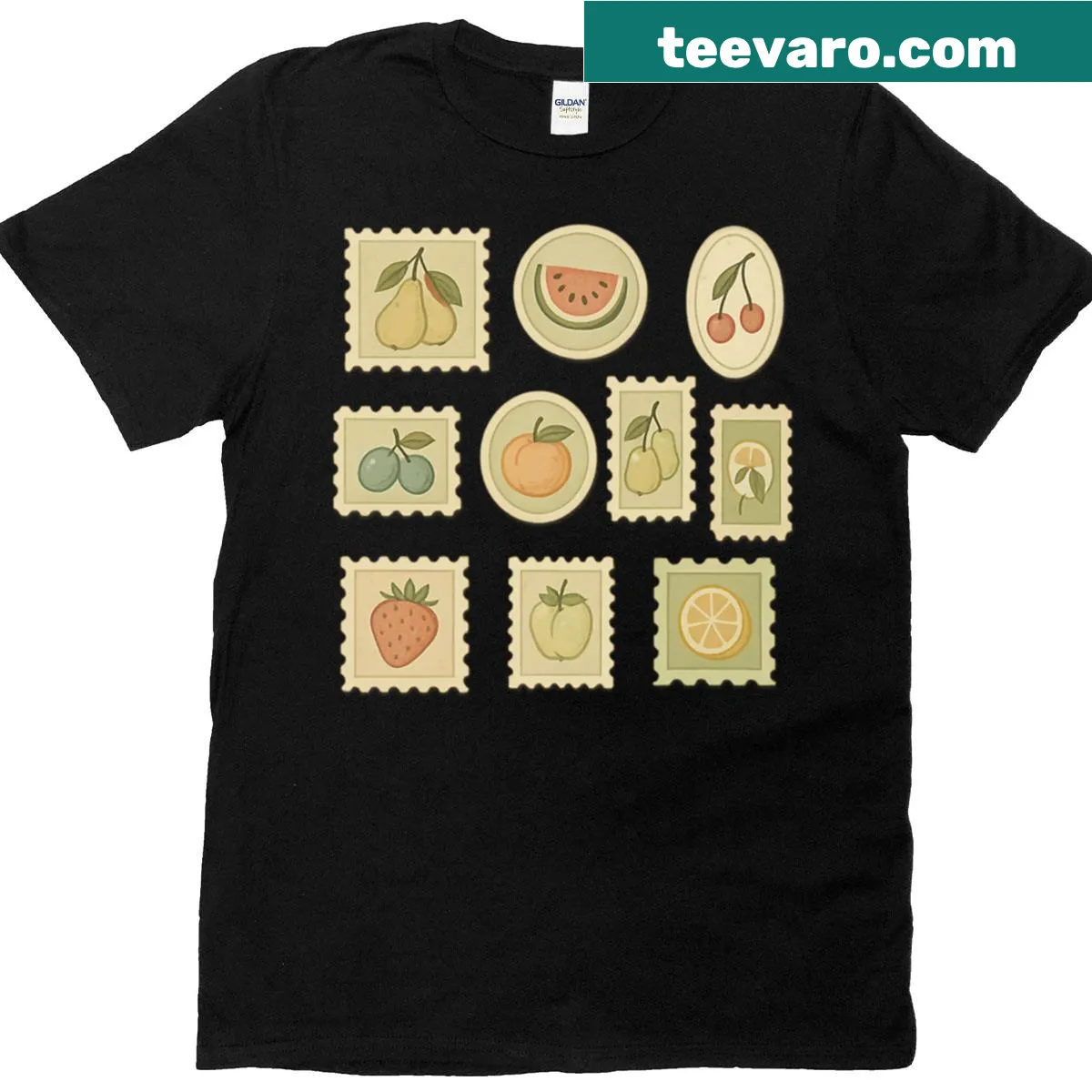 Vintage t-shirt featuring fruit-themed postage stamps design — on a men's t-shirt