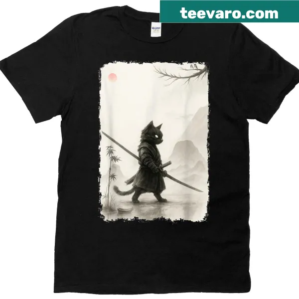 Vintage-inspired T-shirt featuring a samurai cat in Ukiyo-e style graphic art.