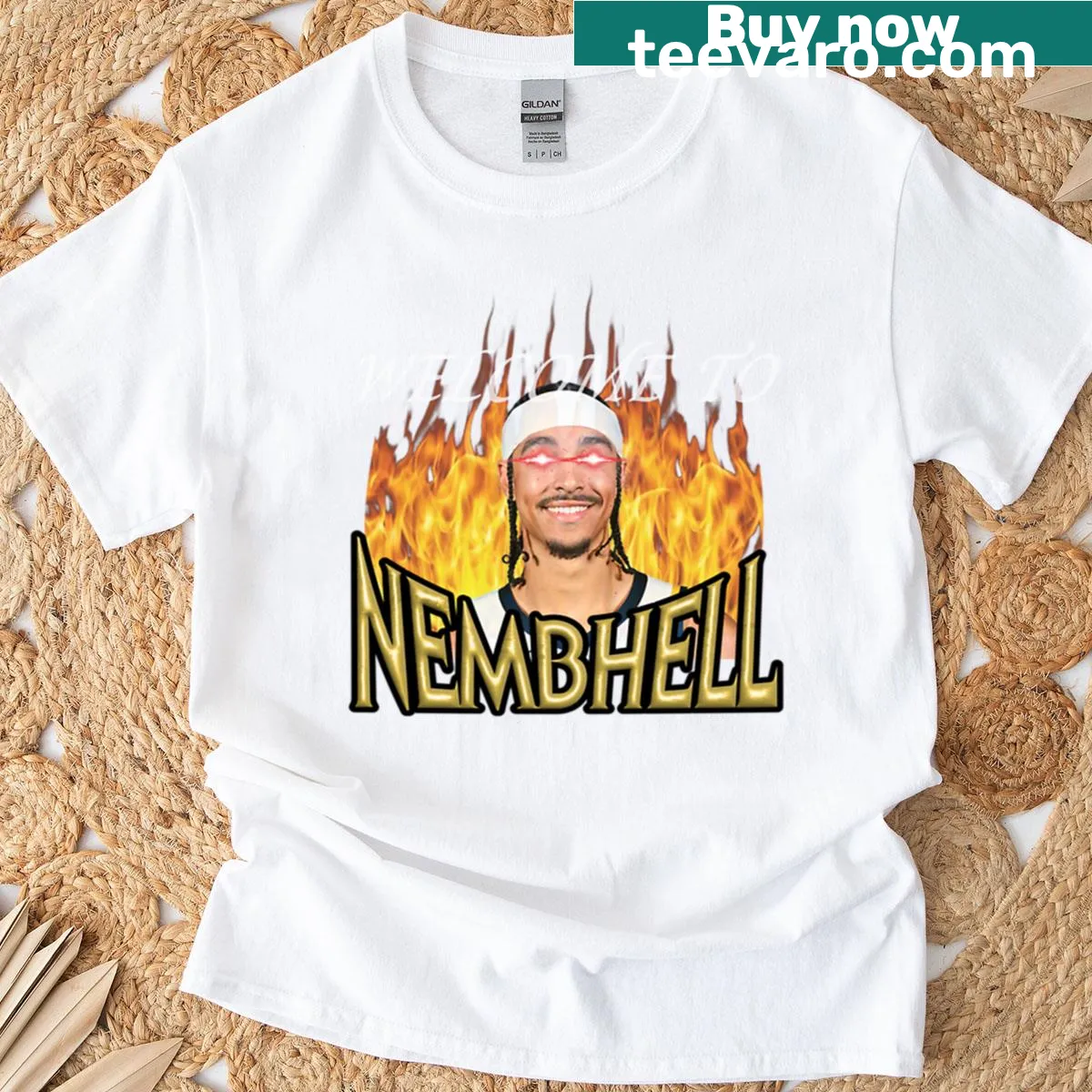 Playful t-shirt with 'Welcome To Nembhell' graphic — on a men's t-shirt