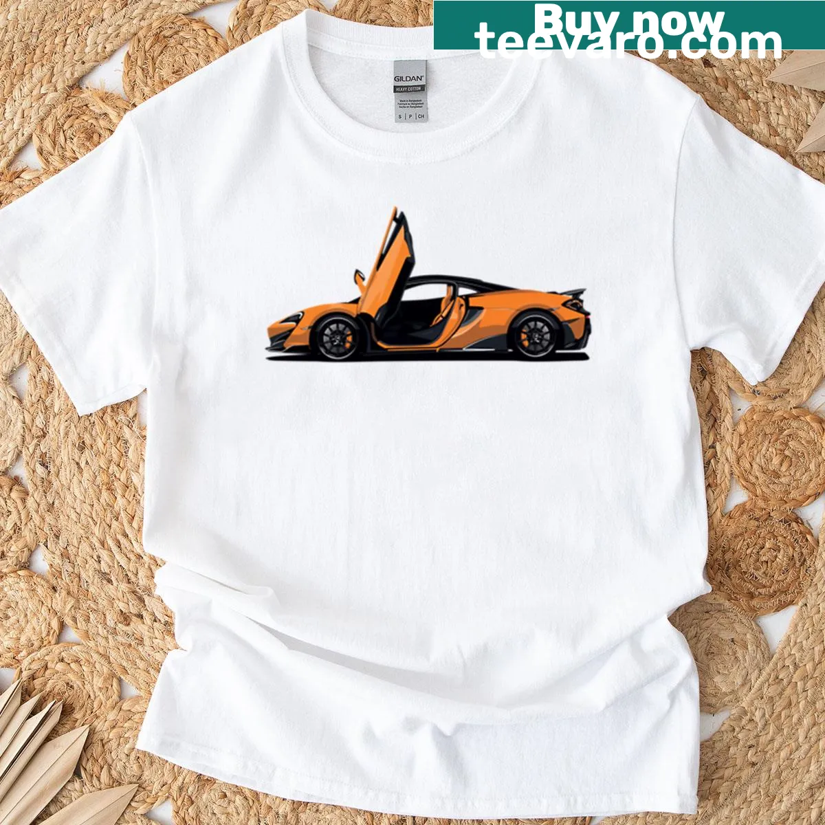 Illustration of a supercar with butterfly doors representing British engineering. — on a men's t-shirt