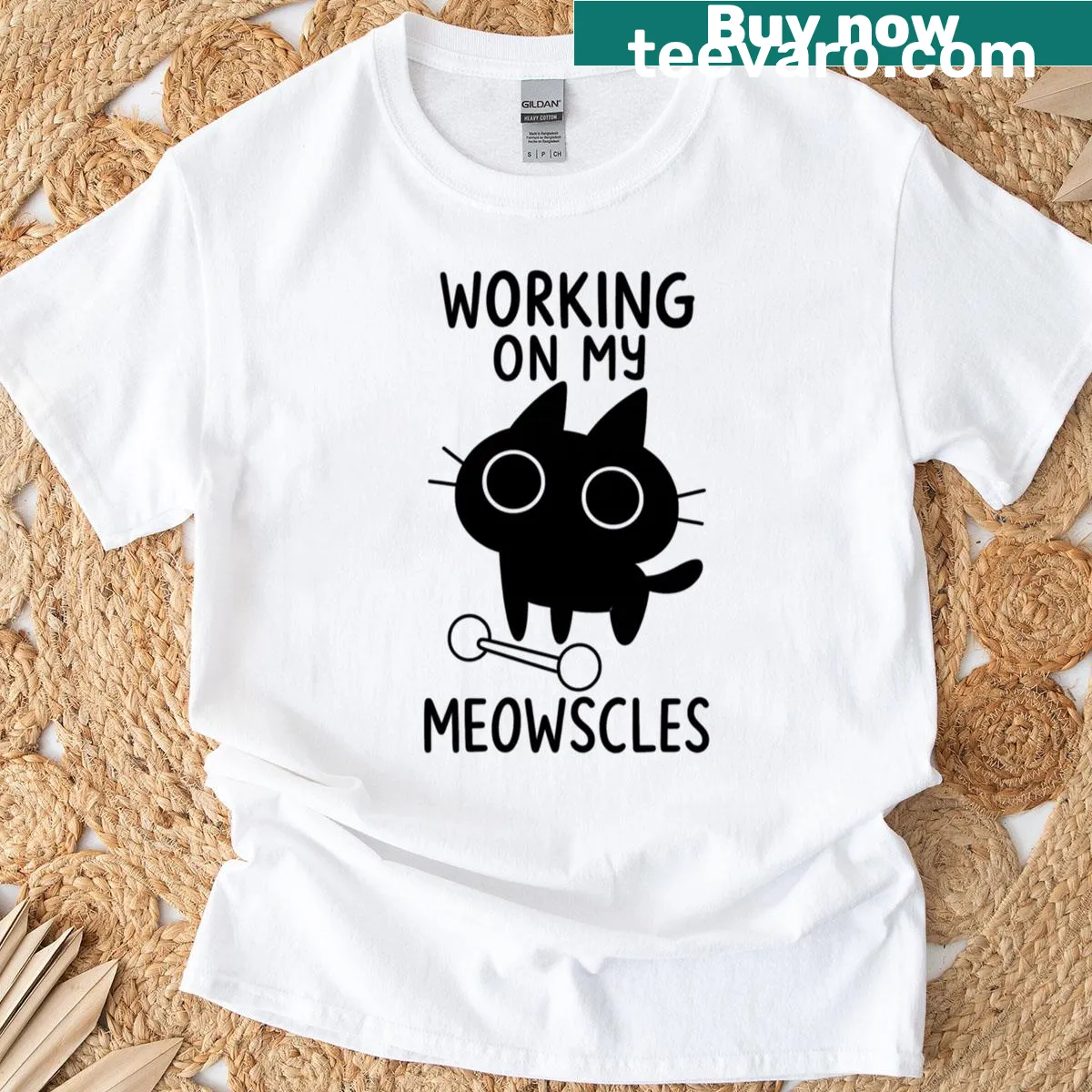 Funny black cat lifting weights with 'Working On My Meowscles' text — on a men's t-shirt