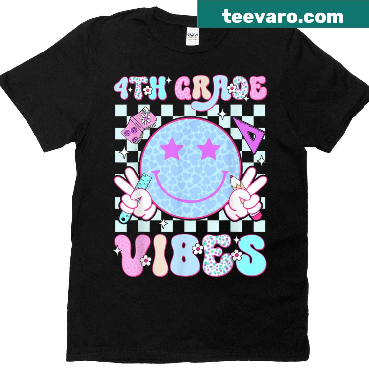 Text design: 4th Fourth Grade Vibes with smiley face — on a men's t-shirt