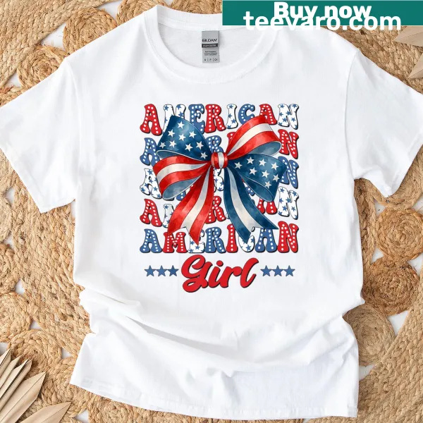 Kids' patriotic T-shirt with a coquette design and American flag elements.