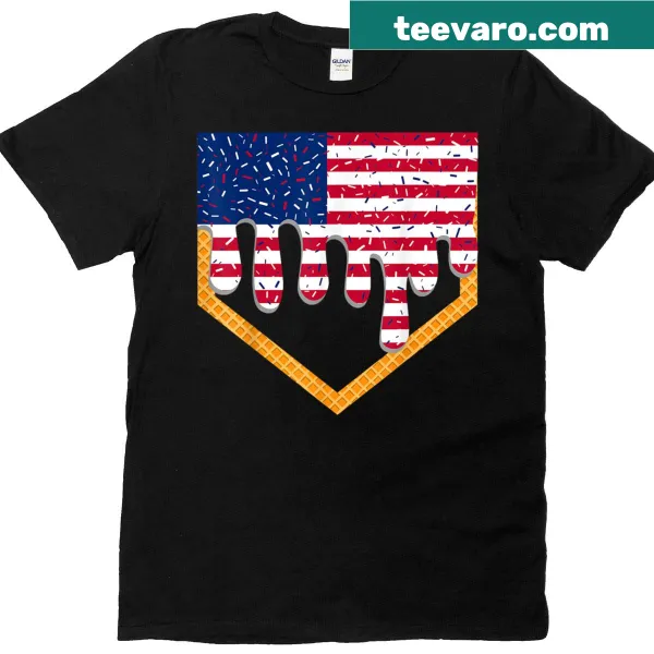 Patriotic T-shirt with baseball and ice cream drips and American flag.