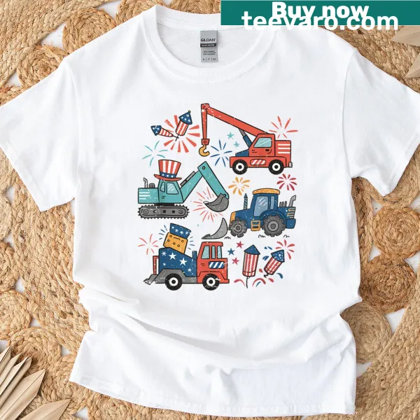 Kid's t-shirt with an excavator and tractor for Fourth of July