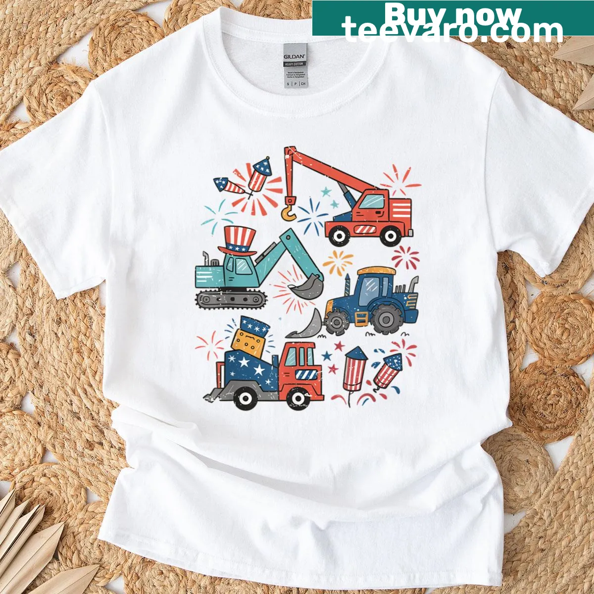 Kid's t-shirt with an excavator and tractor for Fourth of July — on a men's t-shirt