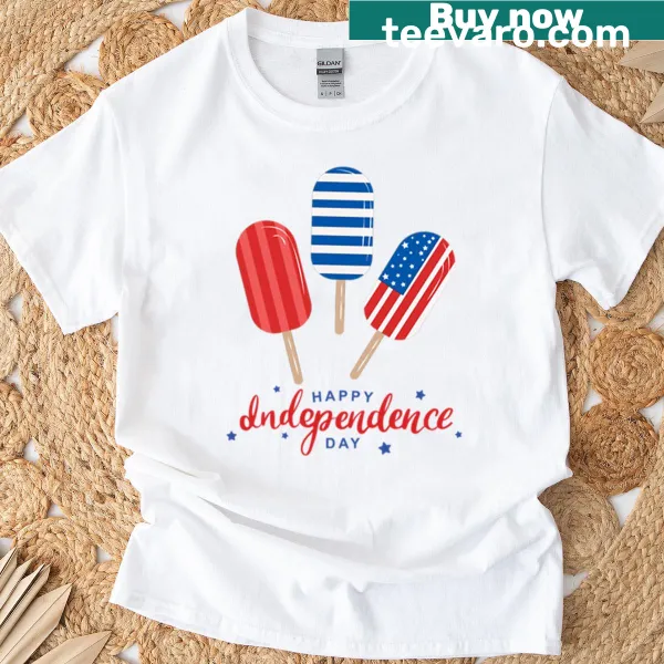 Festive T-shirt featuring decorations for the Fourth of July celebrations.