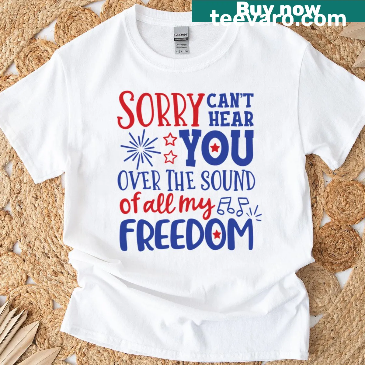Fireworks-themed T-shirt celebrating the 4th of July holiday — on a men's t-shirt
