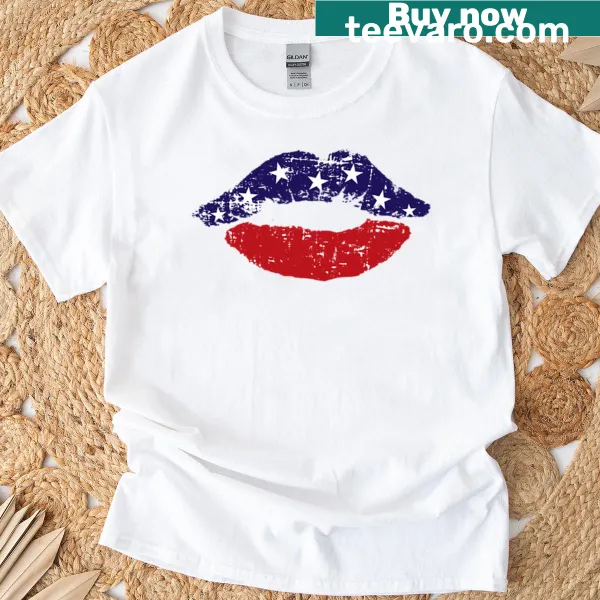 Patriotic T-shirt featuring lips styled with the American flag design.