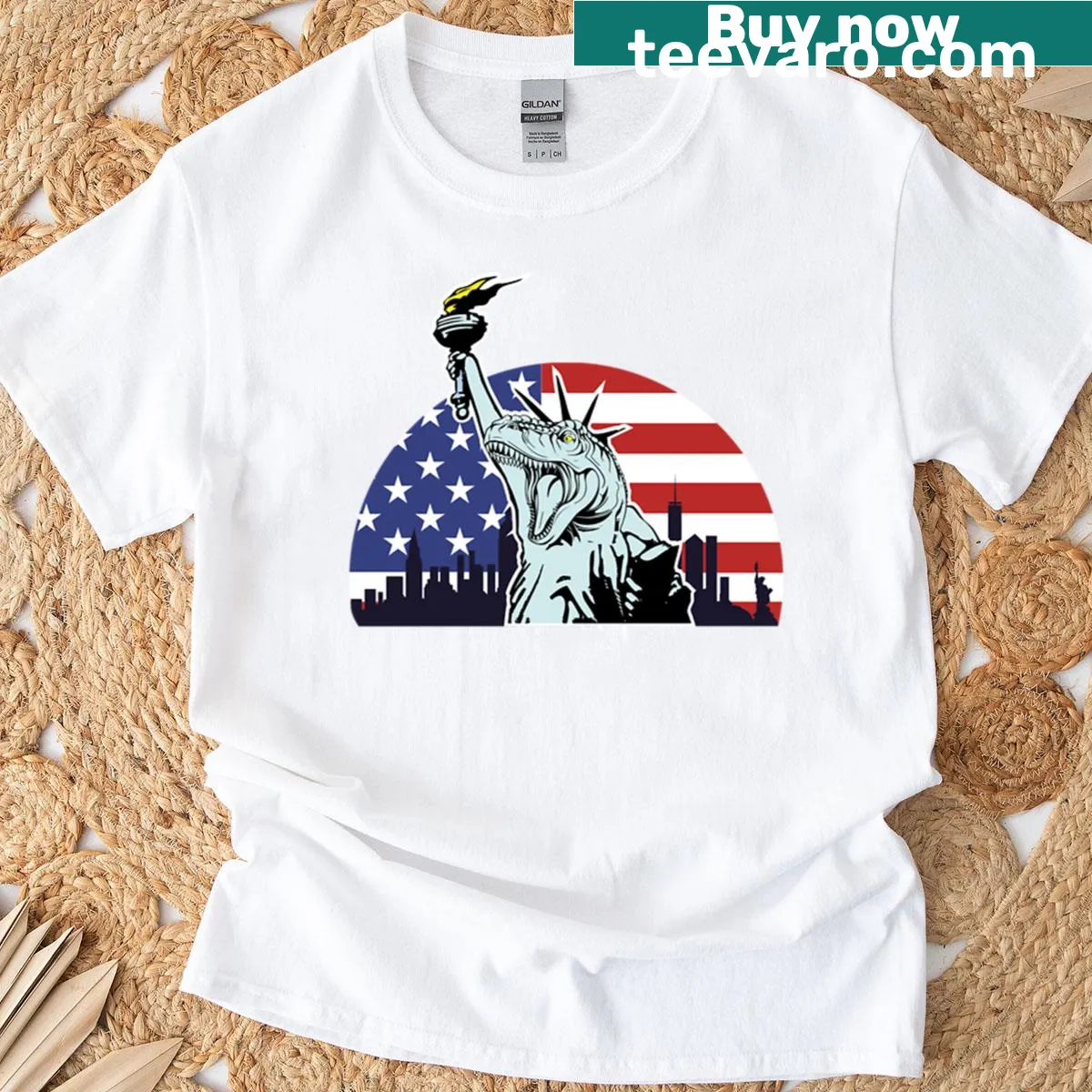T-shirt featuring a T-rex design for Fourth of July — on a men's t-shirt