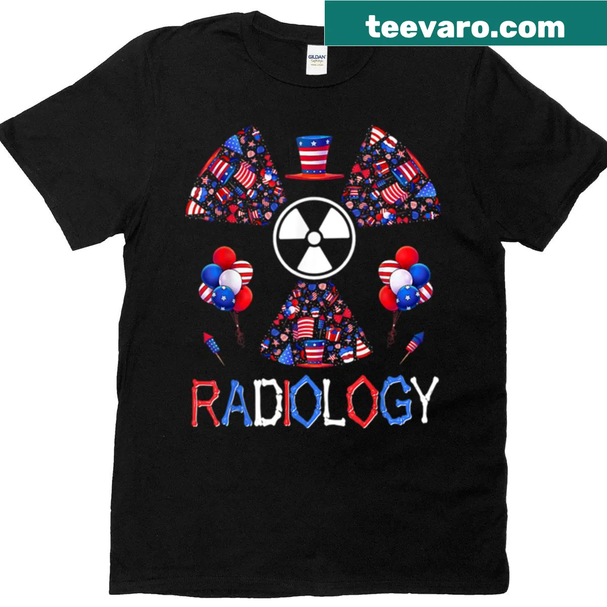 Patriotic T-shirt for radiology techs with American symbols. — on a men's t-shirt