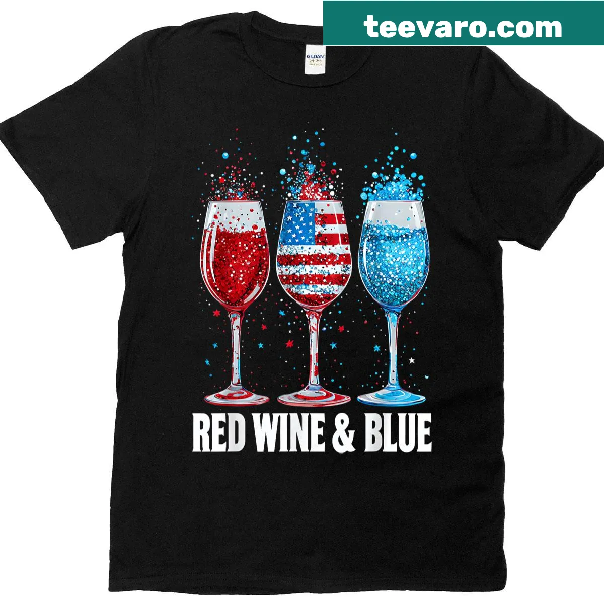 Patriotic t-shirt featuring red, white, and blue wine glasses for women — on a men's t-shirt