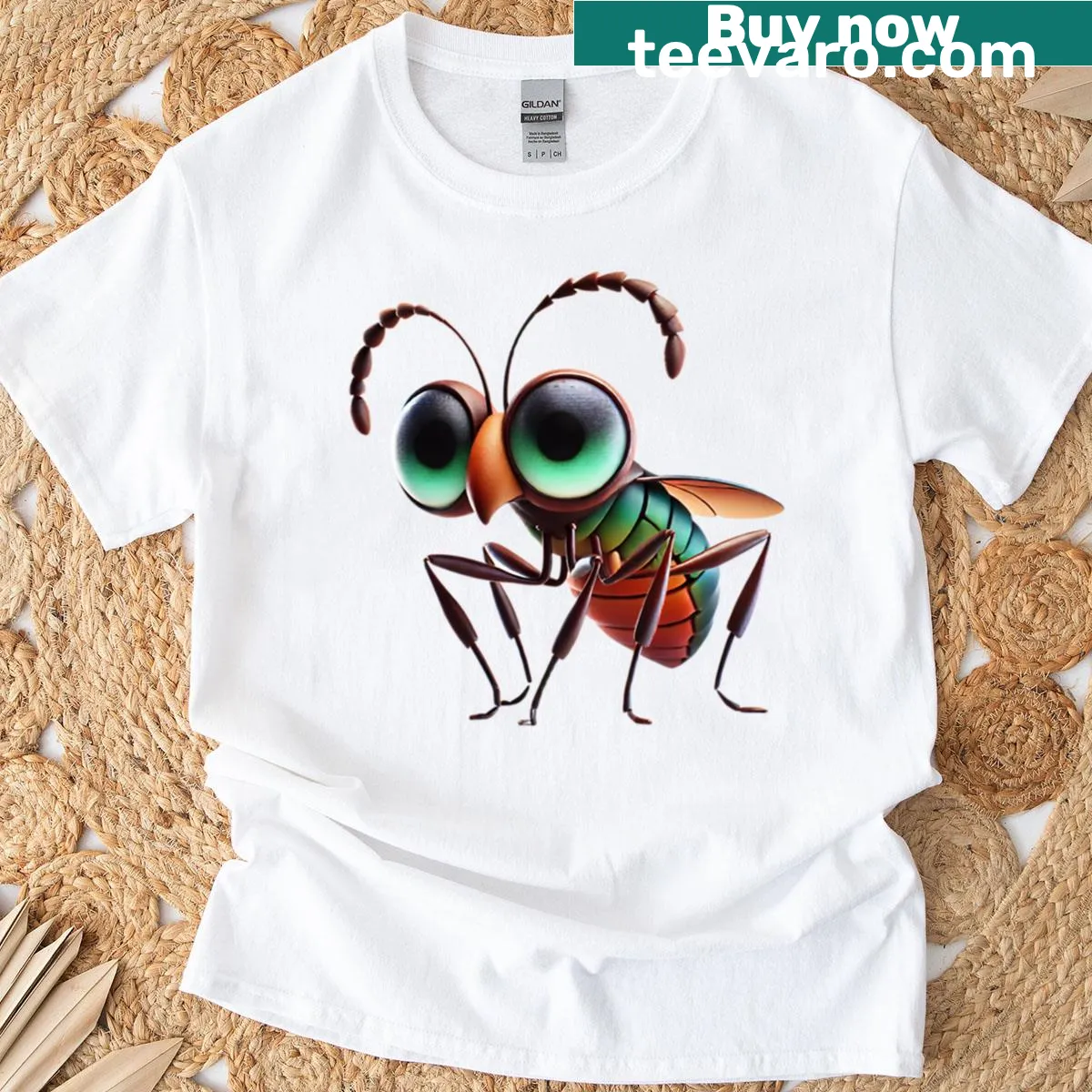Oversized T-shirt with a cute cartoon assassin bug illustration — on a men's t-shirt