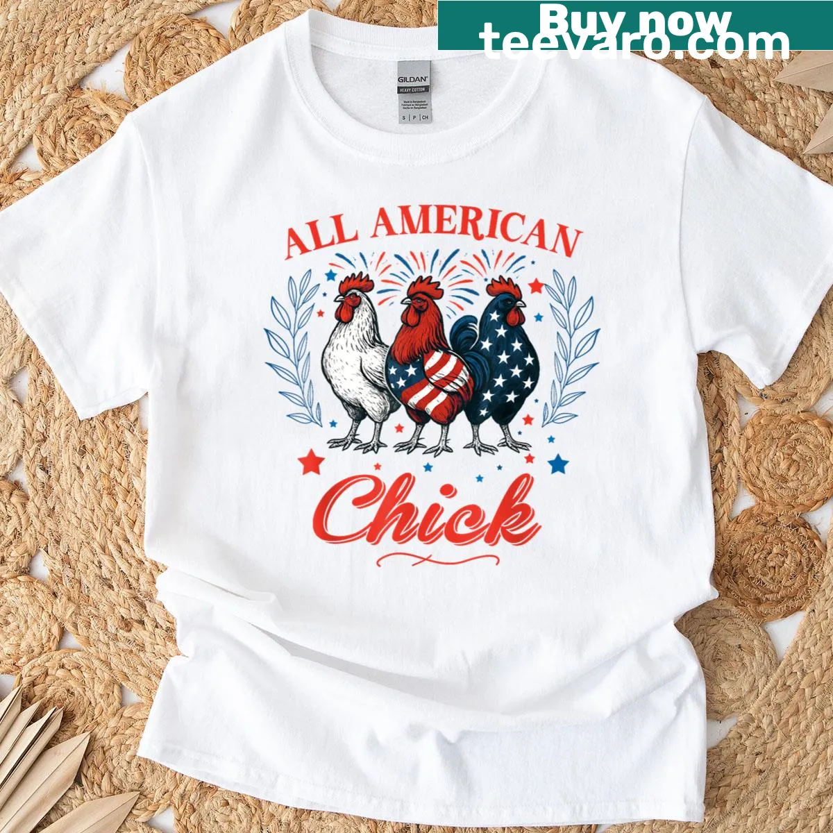 Patriotic T-shirt featuring a cartoon chicken in red, white, and blue for Fourth of July — on a men's t-shirt