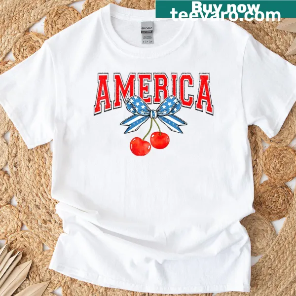 T-shirt with cherries, US flag, and coquette bow design